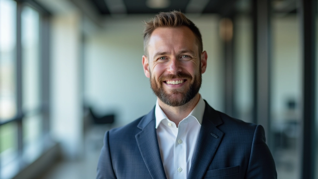 Muž v kancelářském prostředí, seřízený zepředu od pasu nahoru, sebevědomý výraz, přirozené osvětlení z okna