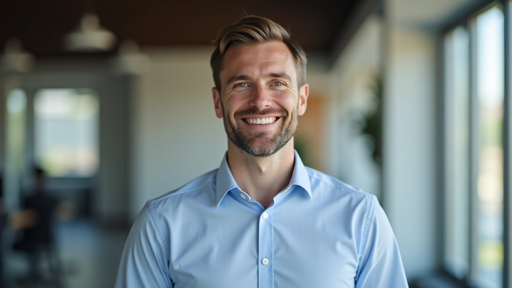 Muž v kanceláři, usmívá se, portrét od pasu nahoru, profesionální prostředí