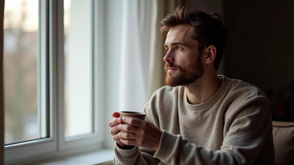 Muž sedící u okna s nápojem, pohled do dálky, klidný výraz, příjemné přirozené světlo, minimalistický pokoj