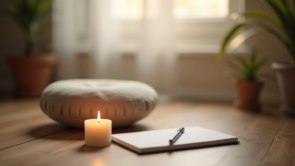 Prázdné meditační místo se svíčkou, meditačním polštářkem a deníkem, měkké ranní světlo, klidná příprava na praxi