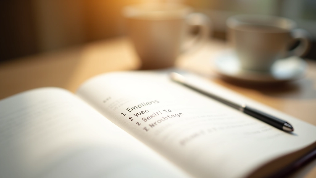 Ruka držící deník s emocemi napsanými, tužka připravená k psaní, klidné domácí prostředí