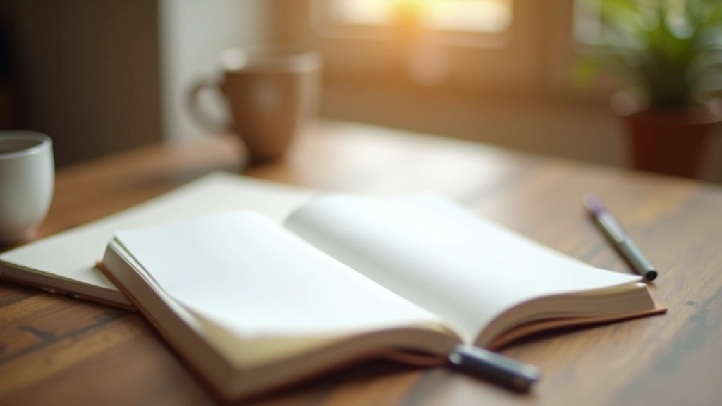 Zápisník s perem a čajovým šálkem na stole, připravený na reflexi a psaní vlastních myšlenek a cítění