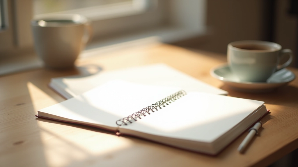 Tužka a zápisník na pracovní ploše s šálkem čaje, ranní světlo oknem, čistý minimalista pracovní prostor