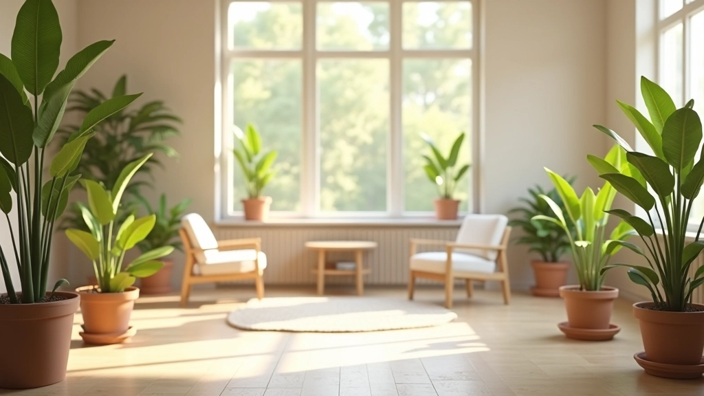 Moderní prostor pro školení s meditačním matem a klidným osvětlením