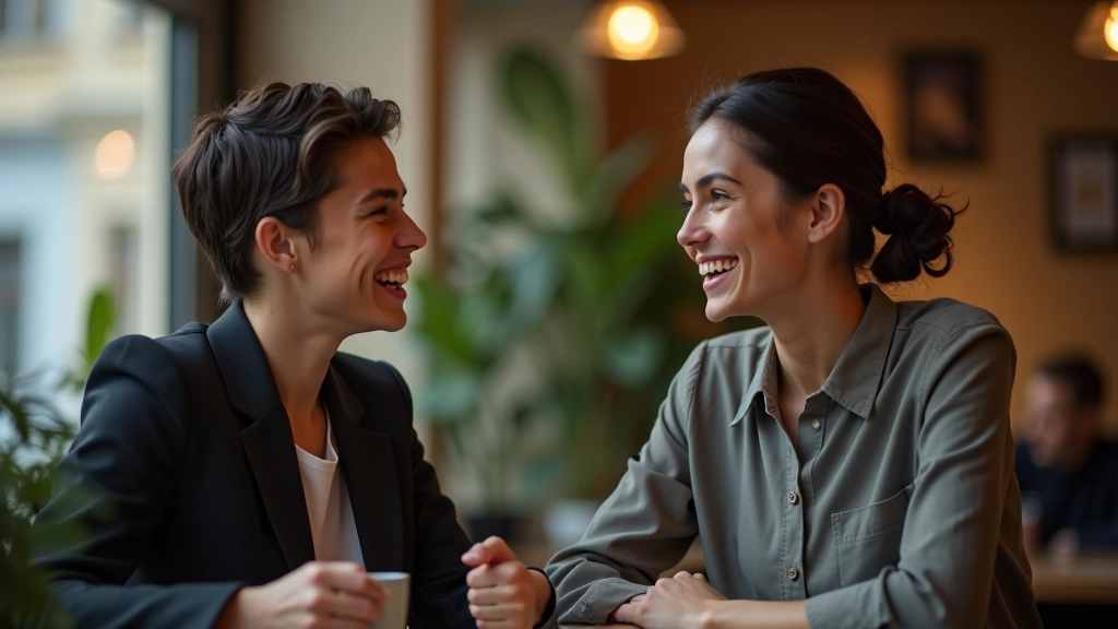 Dva lidé v rozhovoru v klidné kavárně, seřízeni zepředu, oba se usmívají a poslouchají, příjemné osvětlení