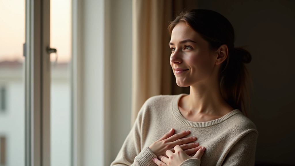 Osoba sedící u okna, ruka na srdci, vnitřní reflexe a klid, přirozené světlo