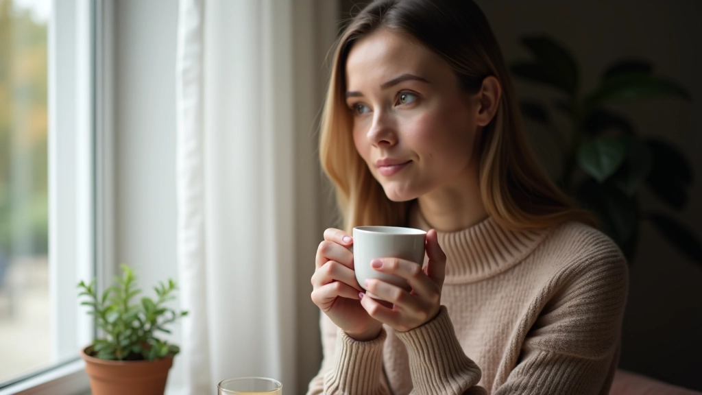 Žena sedí u okna s šálkem čaje, přemýšlí, klidné osvětlení, domácí prostředí