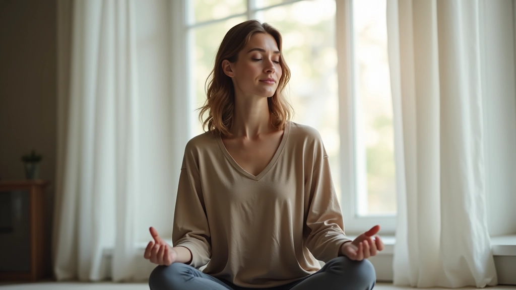 Žena v meditativní poloze, sedící u okna s denním světlem, výraz klidu a soustředění
