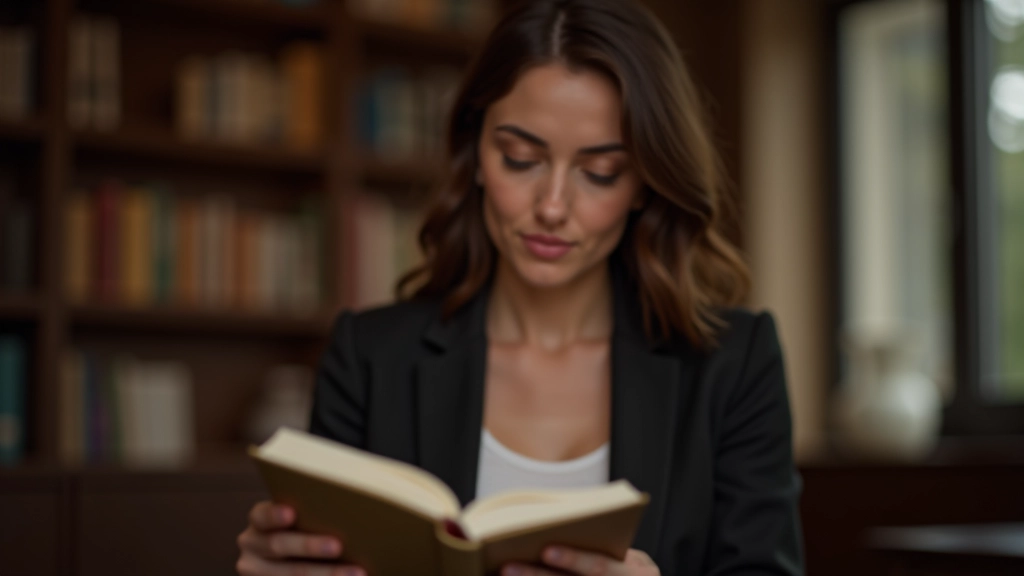 Žena v knihovně, čte knihu, klidný výraz, měkké osvětlení